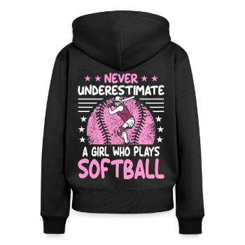 Unterschätze niemals ein Mädchen, das Softball spielt - Frauen Premium Bio Zip Hoodie - Schwarz - Hinten - Julia (174cm)