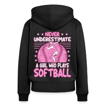 Unterschätze niemals ein Mädchen, das Softball spielt - Frauen Premium Bio Zip Hoodie - Schwarz - Hinten - Julia (174cm)