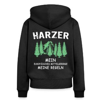 Harz Sprüche Harzer - Frauen Premium Bio Zip Hoodie - Schwarz - Hinten - Julia (174cm)