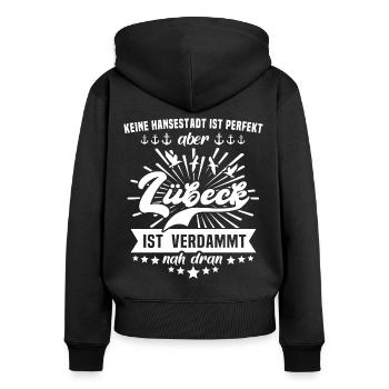 Lübeck - Frauen Premium Bio Zip Hoodie - Schwarz - Hinten - Julia (174cm)