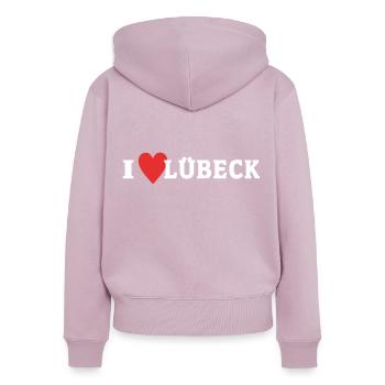J’aime Lübeck Liebe - Sweat à capuche zippé Premium bio Femme - rose poudré - Dos - Julia (174cm)