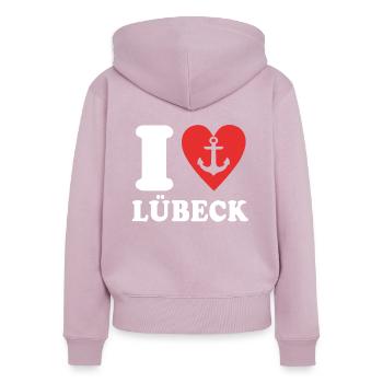 J’aime Lübeck Liebe - Sweat à capuche zippé Premium bio Femme - rose poudré - Dos - Julia (174cm)