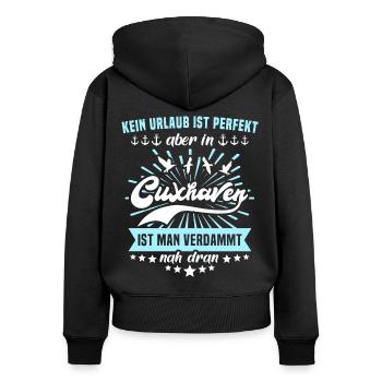 Cuxhaven Sprüche Cuxhavener Urlaub - Frauen Premium Bio Zip Hoodie - Schwarz - Hinten - Julia (174cm)