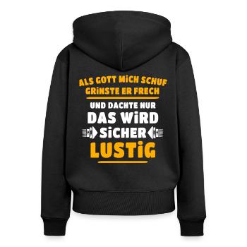 Lustig Sprüche Gott Grinste - Frauen Premium Bio Zip Hoodie - Schwarz - Hinten - Julia (174cm)