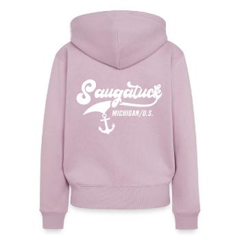 Saugatuck (Michigan) - Sweat à capuche zippé Premium bio Femme - rose poudré - Dos - Julia (174cm)