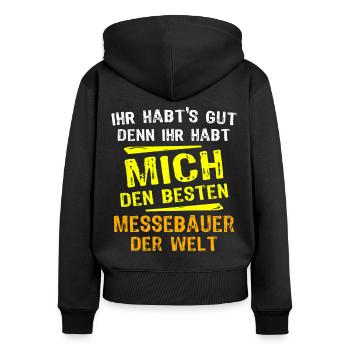 Messebauer Geschenk - Frauen Premium Bio Zip Hoodie - Schwarz - Hinten - Julia (174cm)