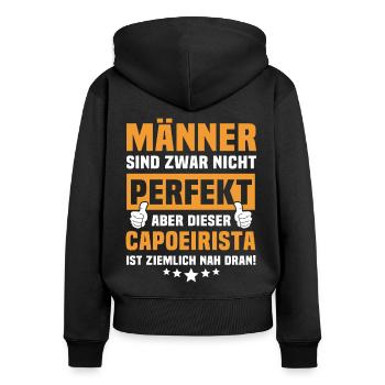 Dictons capoeiristes amusants - Sweat à capuche zippé Premium bio Femme - noir - Dos - Julia (174cm)