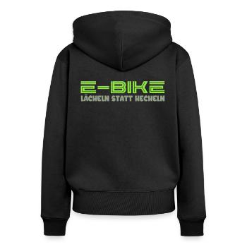 E-Bike Lächeln statt Hecheln Pedelec E-Bike - Frauen Premium Bio Zip Hoodie - Schwarz - Hinten - Julia (174cm)