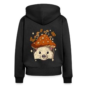 Hérisson Cottagecore - Sweat à capuche zippé Premium bio Femme - noir - Dos - Julia (174cm)