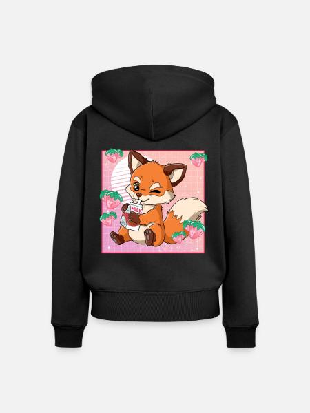 Kawaii Fuchs Erdbeermilch - Frauen Premium Bio Zip Hoodie - Schwarz
