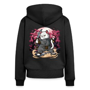 Chat samouraï - Sweat à capuche zippé Premium bio Femme - noir - Dos - Julia (174cm)