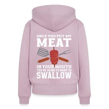 BBQ Mettez de la viande dans votre bouche en allant vouloir avaler - Sweat à capuche zippé Premium bio Femme - rose poudré - Dos - Julia (174cm)