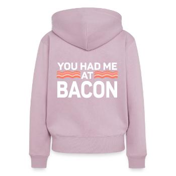 Tu m’as eu au bacon - Sweat à capuche zippé Premium bio Femme - rose poudré - Dos - Julia (174cm)