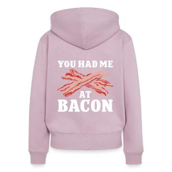 Tu m’as eu au bacon - Sweat à capuche zippé Premium bio Femme - rose poudré - Dos - Julia (174cm)