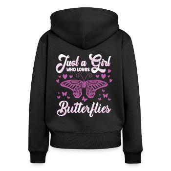 Juste une fille qui aime les papillons - Sweat à capuche zippé Premium bio Femme - noir - Dos - Julia (174cm)