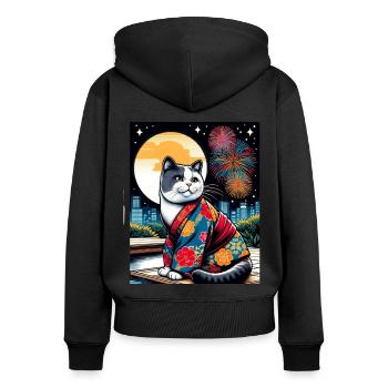 Moon Fireworks Floral Japanese Kitten Retro - Women's Premium Organic Zip Hoodie - black - Back - Julia (174cm)
