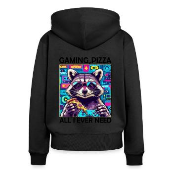 Lustiges Waschbär Gaming Pizza Gamer Zocker Zocken - Frauen Premium Bio Zip Hoodie - Schwarz - Hinten - Julia (174cm)