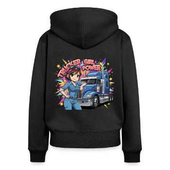 Trucker Girl Power - Frauen Premium Bio Zip Hoodie - Schwarz - Hinten - Julia (174cm)