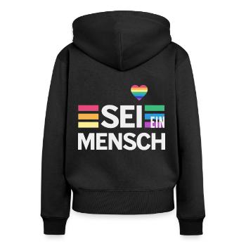 SEI EIN MENSCH - Statement für mehr Menschlichkeit - Frauen Premium Bio Zip Hoodie - Schwarz - Hinten - Julia (174cm)