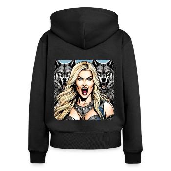 Wikinger Schildmaid mit Wölfe - Frauen Premium Bio Zip Hoodie - Schwarz - Hinten - Julia (174cm)
