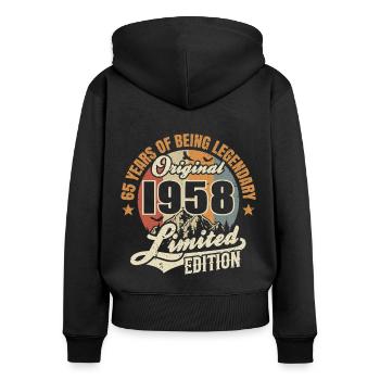 65 years - legendary since 1958 - Women's Premium Organic Zip Hoodie - black - Back - Julia (174cm)