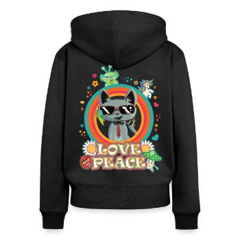 Chat Amour et Paix - design hippie cool - Sweat à capuche zippé Premium bio Femme - noir - Dos - Julia (174cm)