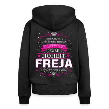 Eure Hoheit Freja betritt den Raum - Frauen Premium Bio Zip Hoodie - Schwarz - Hinten - Julia (174cm)