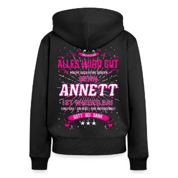 Anett Design, alles wird gut - Frauen Premium Bio Zip Hoodie - Schwarz - Hinten - Julia (174cm)