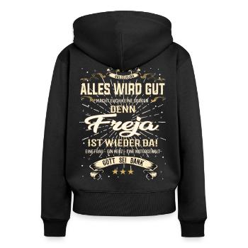 Freja Design, alles wird gut - Frauen Premium Bio Zip Hoodie - Schwarz - Hinten - Julia (174cm)