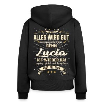 Lotte Design, alles wird gut - Frauen Premium Bio Zip Hoodie - Schwarz - Hinten - Julia (174cm)