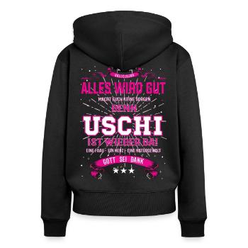 Uschi Design, alles wird gut - Frauen Premium Bio Zip Hoodie - Schwarz - Hinten - Julia (174cm)