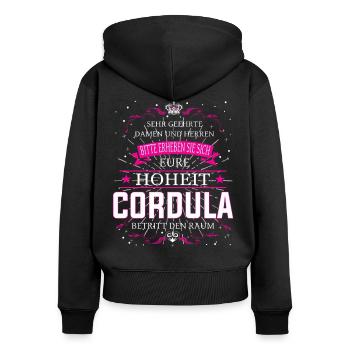 Cordula ist wieder da, alles wird gut - Frauen Premium Bio Zip Hoodie - Schwarz - Hinten - Julia (174cm)