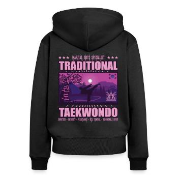 Taekwondo Korea Design, pink und lila - Frauen Premium Bio Zip Hoodie - Schwarz - Hinten - Julia (174cm)