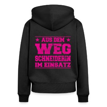 Out of the Way Seamstress in Action Design - Women's Premium Organic Zip Hoodie - black - Back - Julia (174cm)
