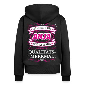 Qualitätsmerkmal Anja einfach Erstklassig Outfit - Frauen Premium Bio Zip Hoodie - Schwarz - Hinten - Julia (174cm)