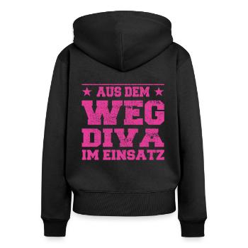 Out of the Way Diva in Action Design - Women's Premium Organic Zip Hoodie - black - Back - Julia (174cm)