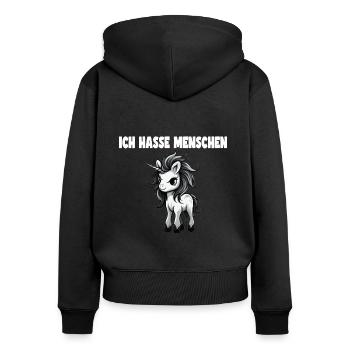 Lustiges Einhorn Design mit Spruch - Frauen Premium Bio Zip Hoodie - Schwarz - Hinten - Julia (174cm)