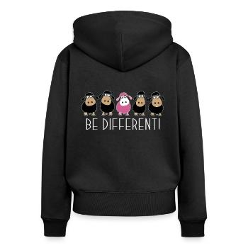 Sois différent. Mouton rose. Sois différent. cadeau - Sweat à capuche zippé Premium bio Femme - noir - Dos - Julia (174cm)