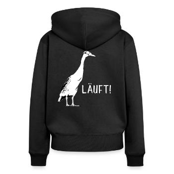 Läuft - Laufenten - Frauen Premium Bio Zip Hoodie - Schwarz - Hinten - Julia (174cm)