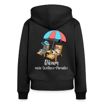 Wellness-Paradies Seebad Büsum - Frauen Premium Bio Zip Hoodie - Schwarz - Hinten - Julia (174cm)