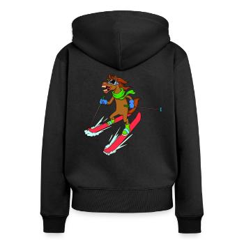 Comic Pferd fährt Ski - Frauen Premium Bio Zip Hoodie - Schwarz - Hinten - Julia (174cm)