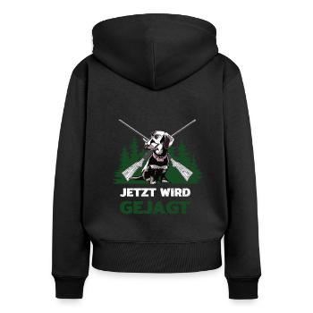 Jetzt wird gejagt - Jäger mit Dackel - Frauen Premium Bio Zip Hoodie - Schwarz - Hinten - Julia (174cm)
