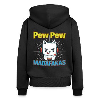 Pew Pew Funny Cat - Frauen Premium Bio Zip Hoodie - Schwarz - Hinten - Julia (174cm)