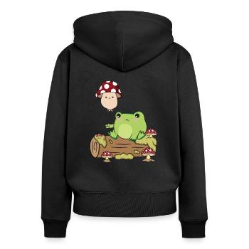 Cottagecore Kawaii Frosch Hält einen Pilz Ballon - Frauen Premium Bio Zip Hoodie - Schwarz - Hinten - Julia (174cm)