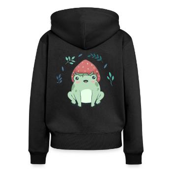Cottagecore Esthétique Kawaii Grenouille Chapeau fraise - Sweat à capuche zippé Premium bio Femme - noir - Dos - Julia (174cm)