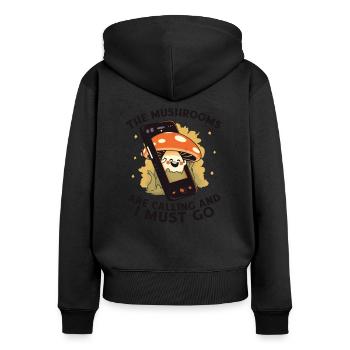 champignons, cueilleurs de champignons, champignons, producteurs, champignons drôles - Sweat à capuche zippé Premium bio Femme - noir - Dos - Julia (174cm)