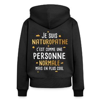 Cadeau naturopathe humour drôle - Sweat à capuche zippé Premium bio Femme - noir - Dos - Julia (174cm)