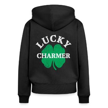 Lucky Charmer Funny St Patricks Day - Women's Premium Organic Zip Hoodie - black - Back - Julia (174cm)