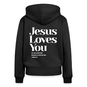 Jésus vous aime - Citation chrétienne 1 Jean 4:19 - Sweat à capuche zippé Premium bio Femme - noir - Dos - Julia (174cm)