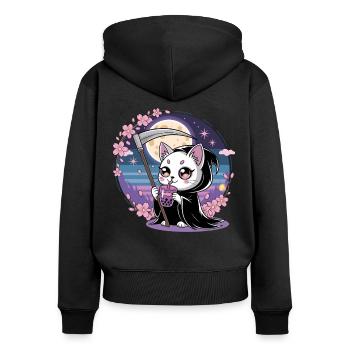 Sensenmann Anime Katze Kirschblüte - Frauen Premium Bio Zip Hoodie - Schwarz - Hinten - Julia (174cm)